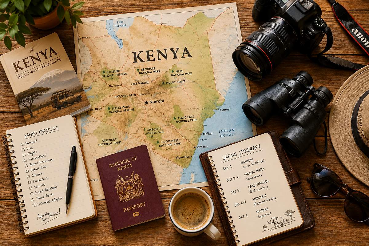 Draufsicht-Flatlay für 'The Journey Starts Here': Kenia-Karte mit Reisepass der Republik Kenia, Safari-Reiseführer, Checkliste, Reiseroute, Kamera, Fernglas, Hut und Kaffeetasse.